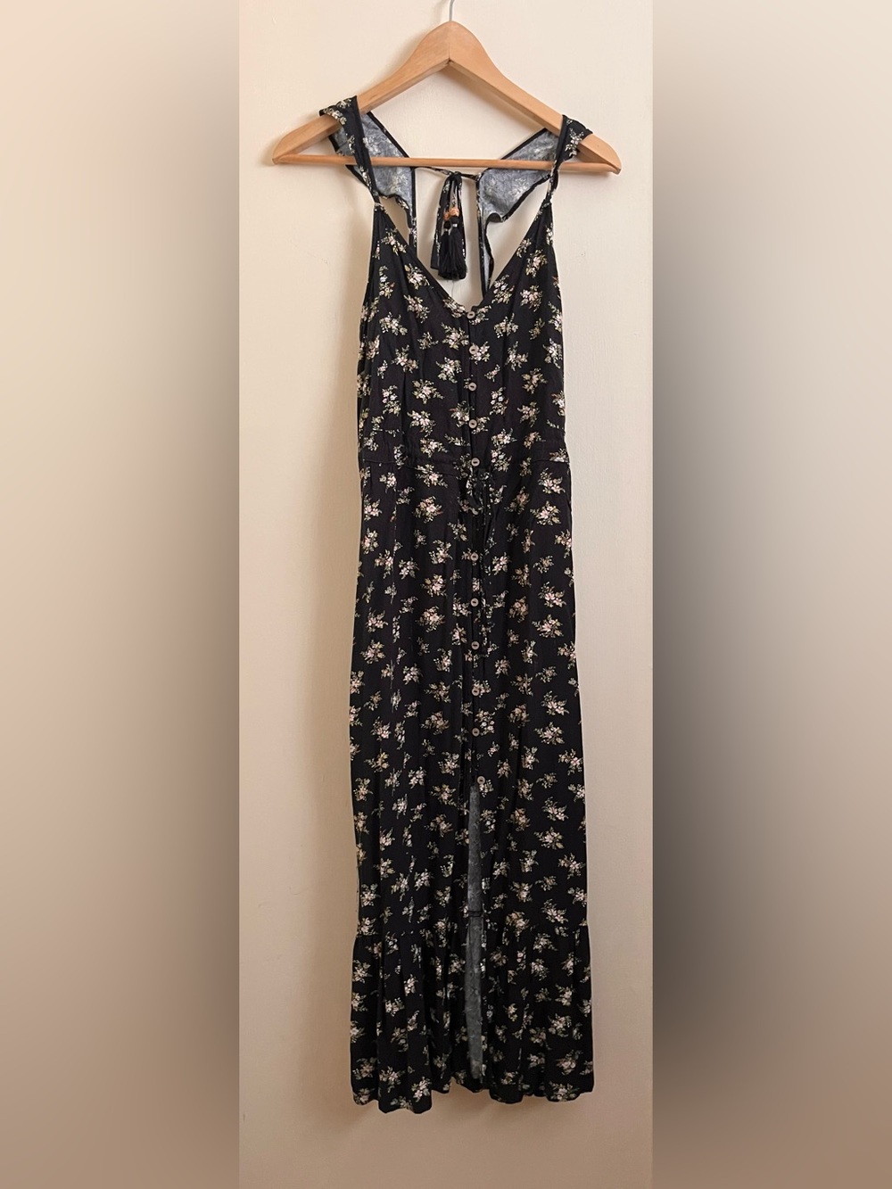 American Eagle Outfitters Black Floral Button-Front Jumpsuit